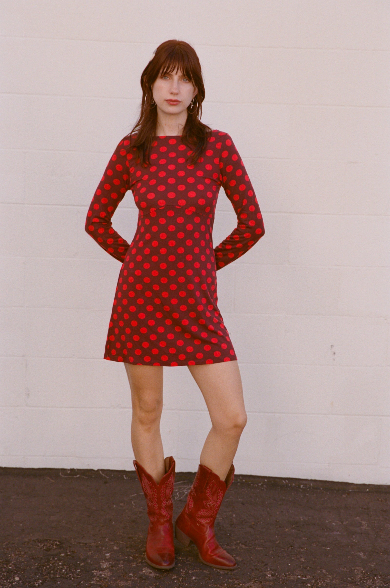 BOATNECK DRESS IN SCARLET DOT