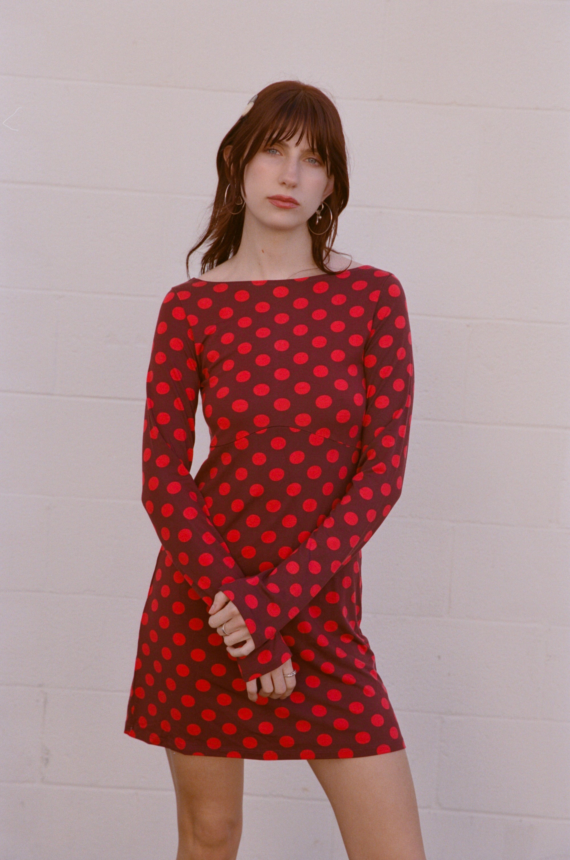BOATNECK DRESS IN SCARLET DOT