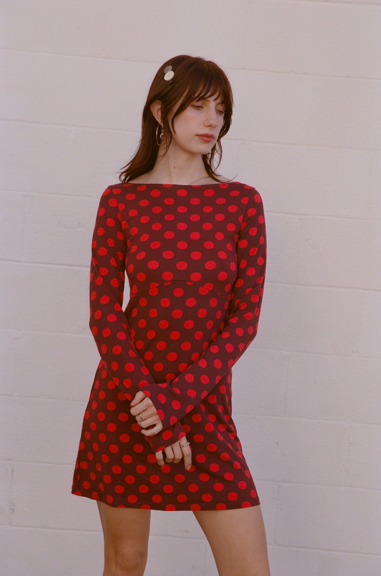 BOATNECK DRESS IN SCARLET DOT