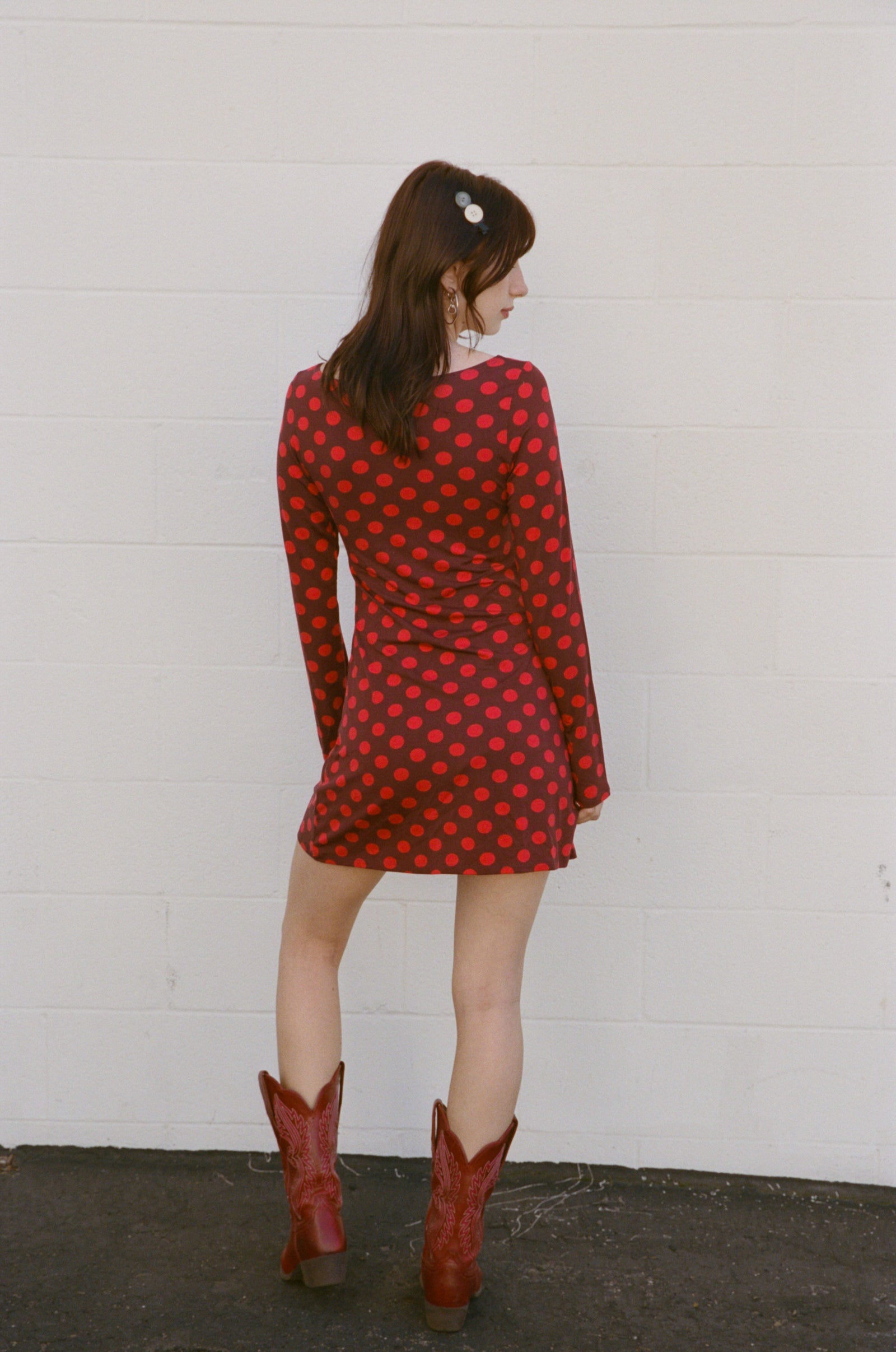 BOATNECK DRESS IN SCARLET DOT