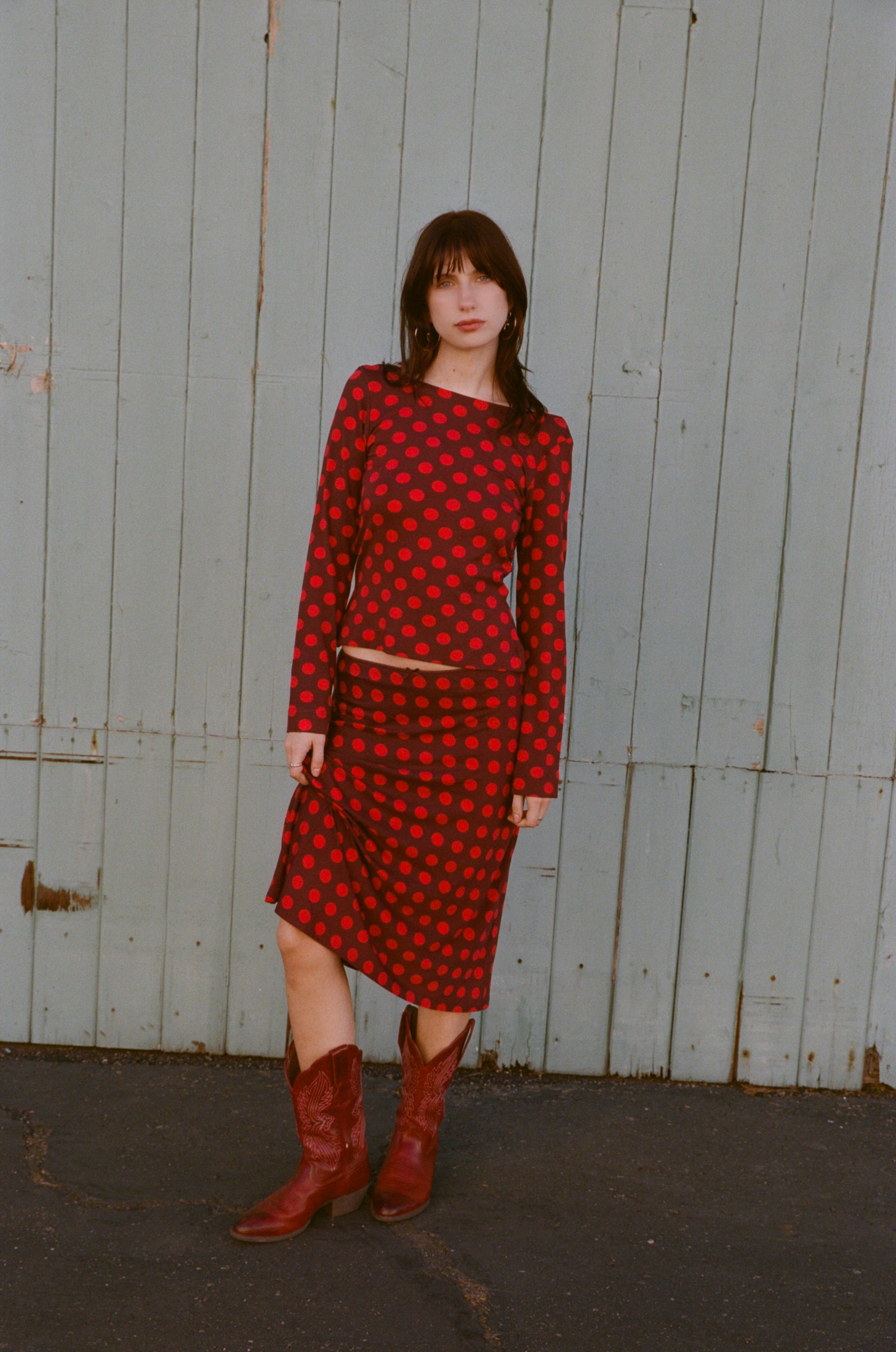 BIAS MIDI SLIP SKIRT IN SCARLET DOT – RAT BOI