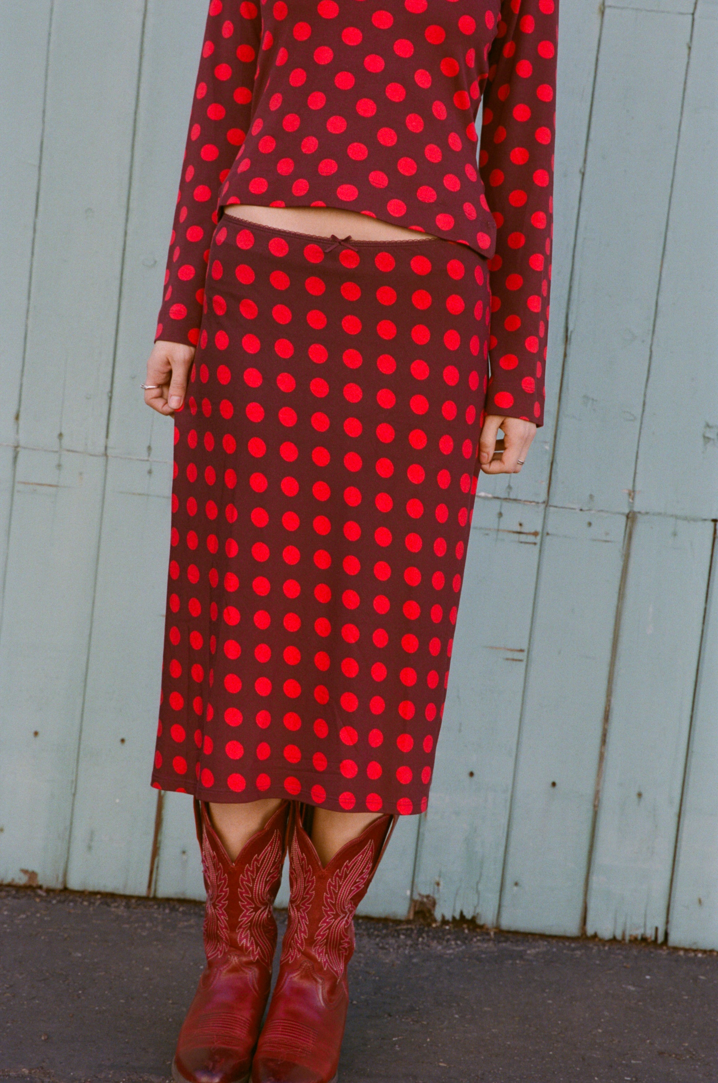 BIAS MIDI SLIP SKIRT IN SCARLET DOT – RAT BOI