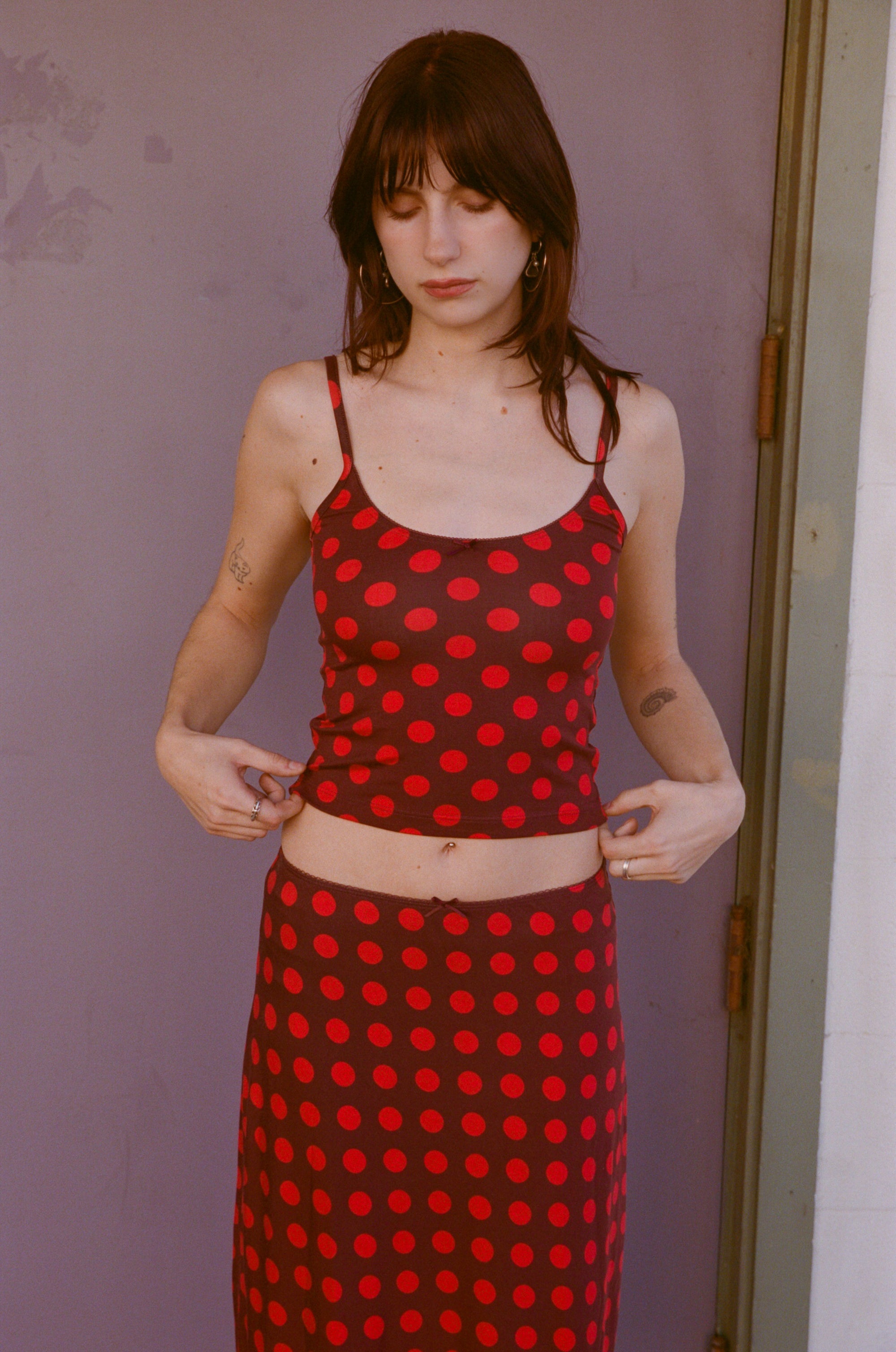 SCOOP BACK CAMI IN SCARLET DOT