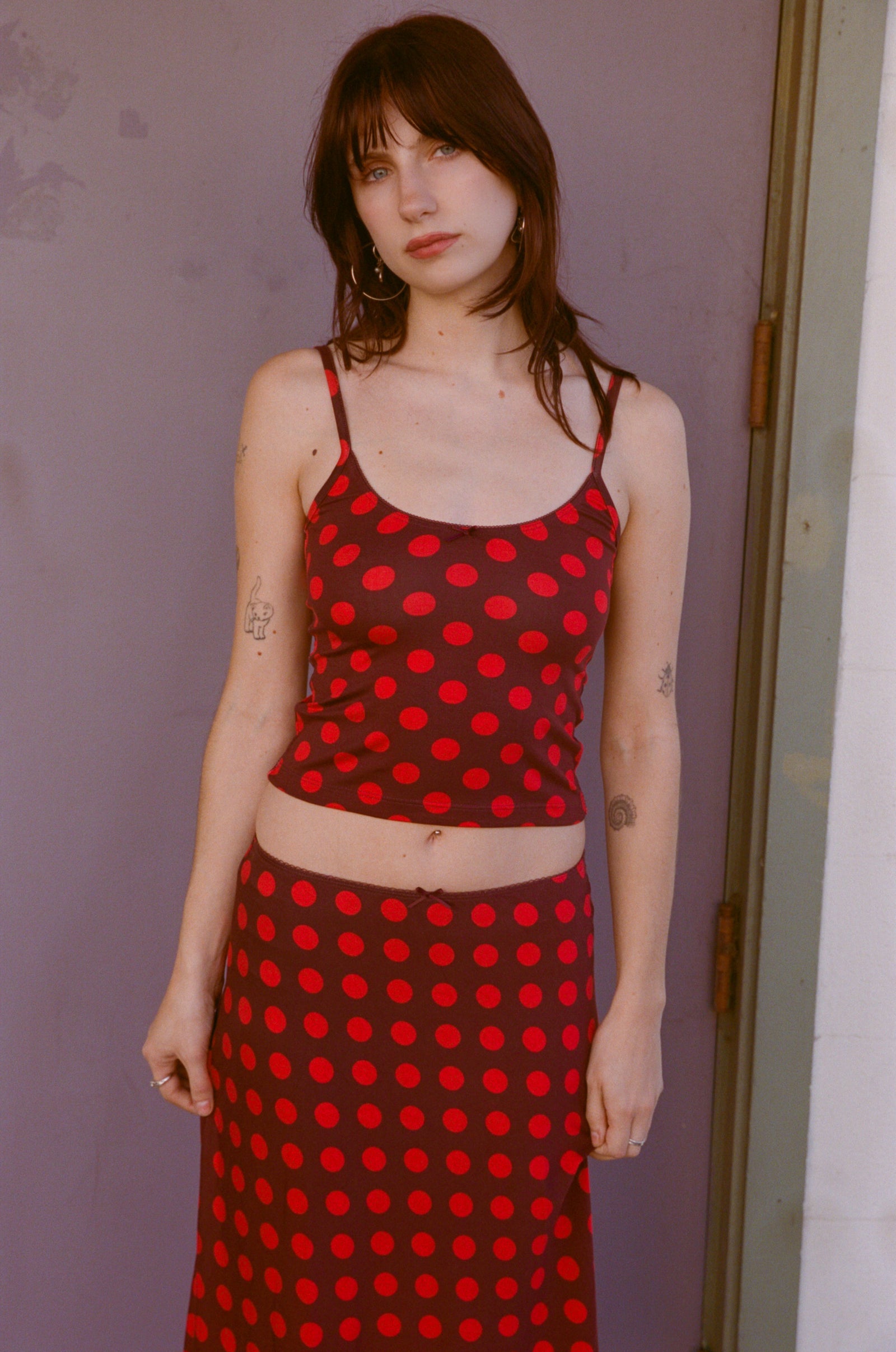 SCOOP BACK CAMI IN SCARLET DOT