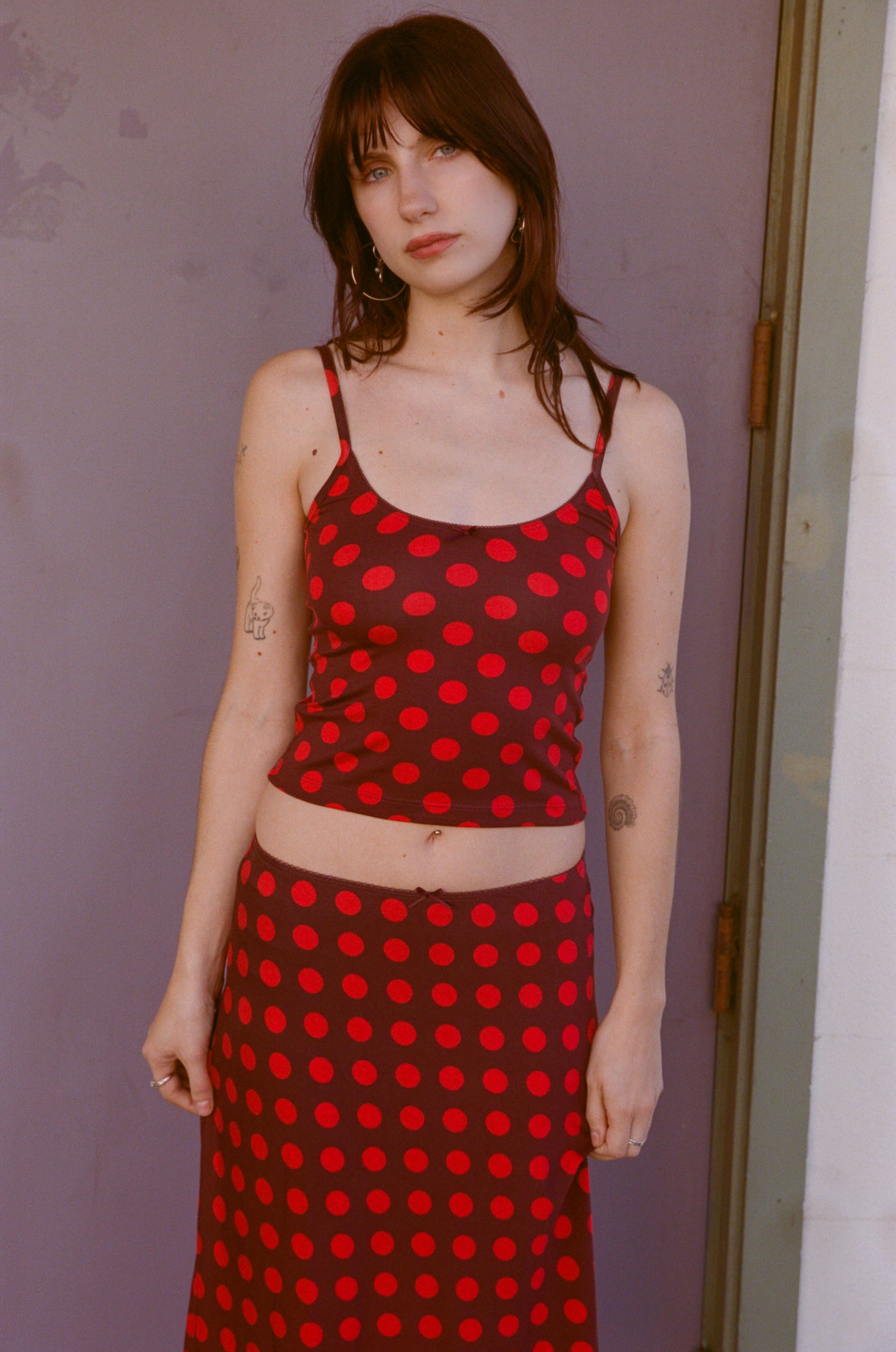 SCOOP BACK CAMI IN SCARLET DOT