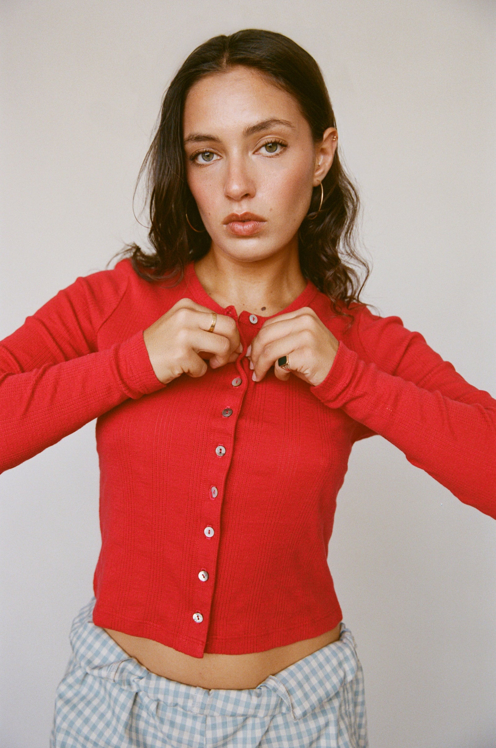 POINTELLE CARDIGAN IN CHERRY