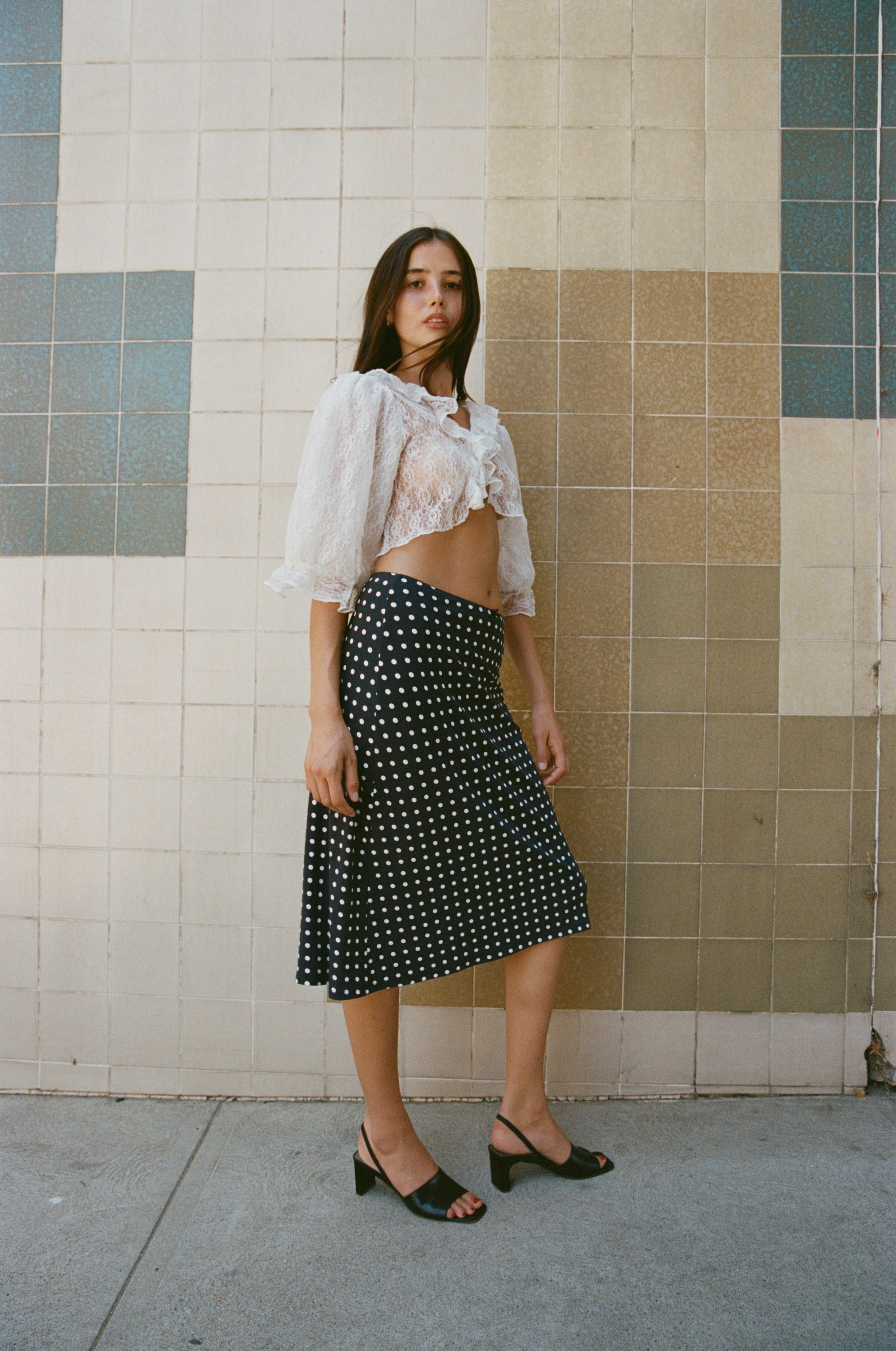 BIAS MIDI SLIP SKIRT IN DOMINO DOT