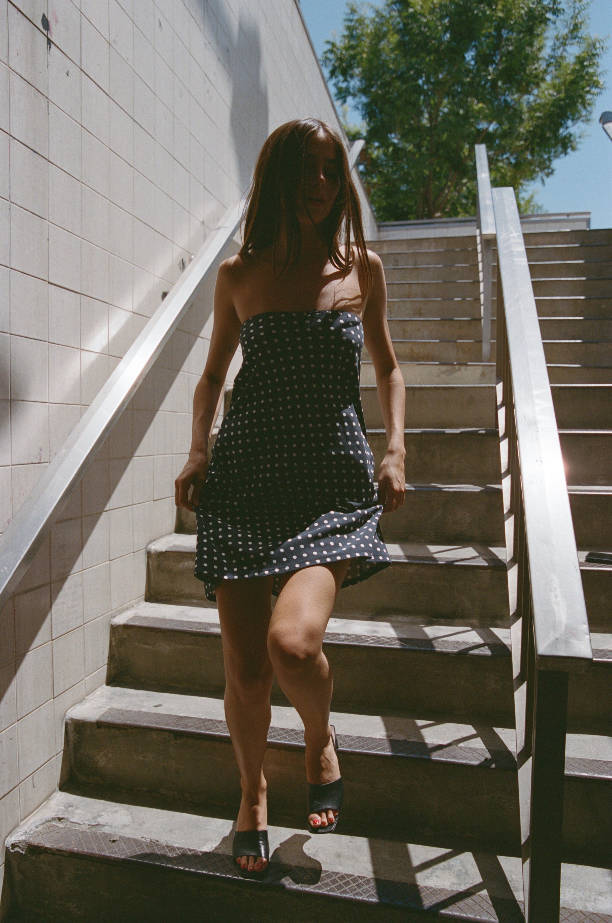 BIAS MIDI SLIP SKIRT IN DOMINO DOT