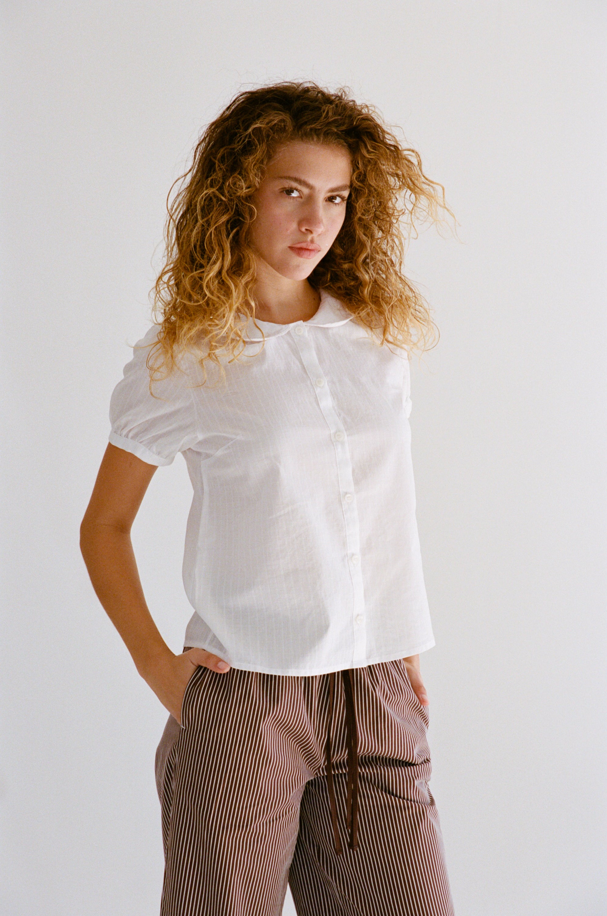 PUFF SLEEVE BUTTON DOWN IN CLOUD DOBBY