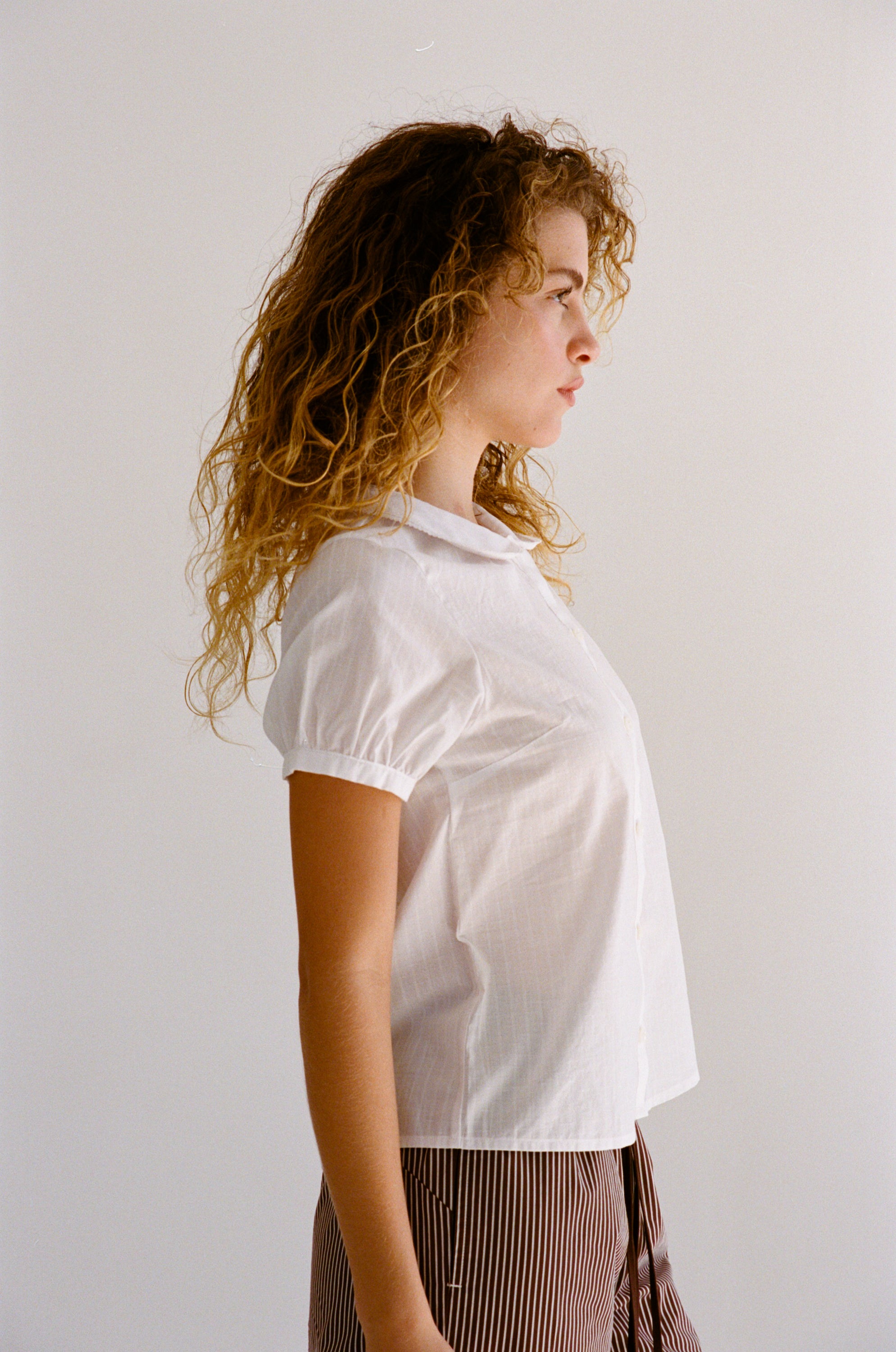 PUFF SLEEVE BUTTON DOWN IN CLOUD DOBBY