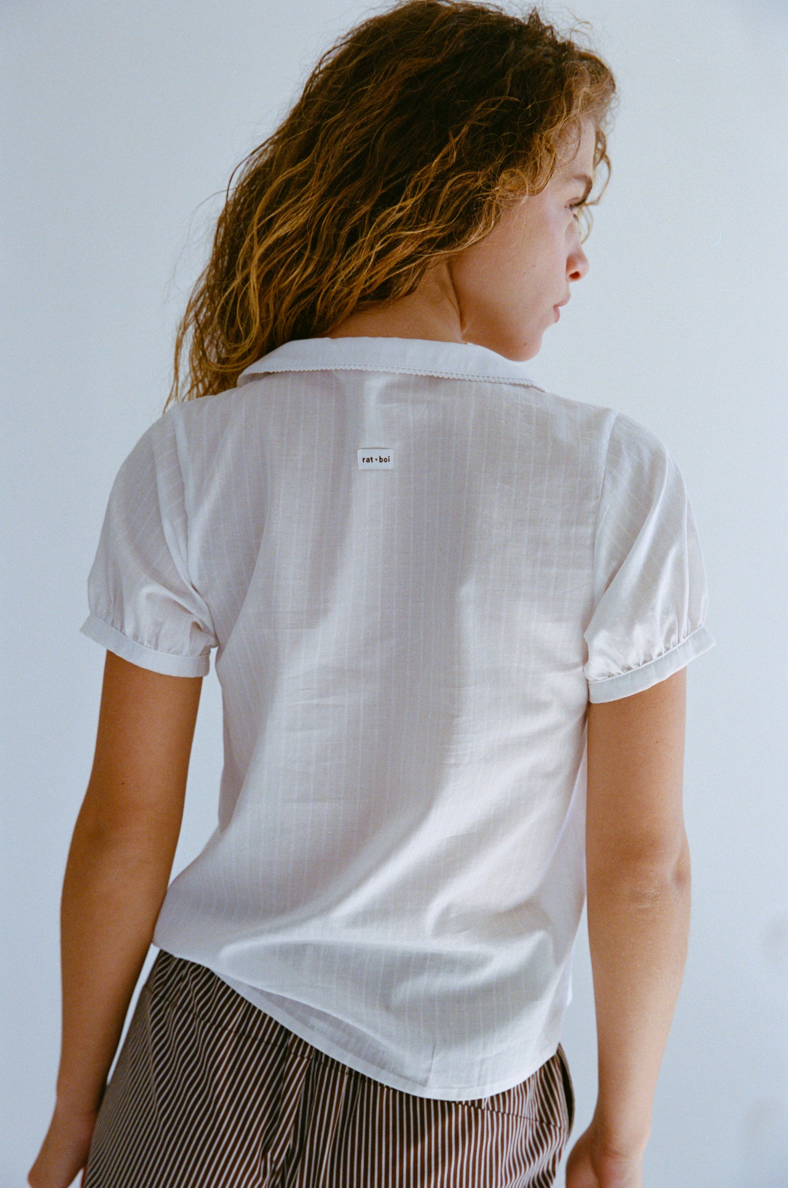 PUFF SLEEVE BUTTON DOWN IN CLOUD DOBBY