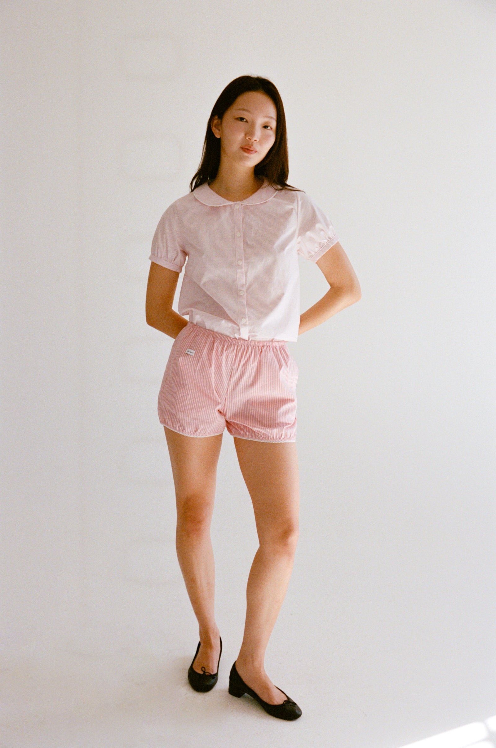 PUFF SLEEVE BUTTON DOWN IN BLUSH STRIPE