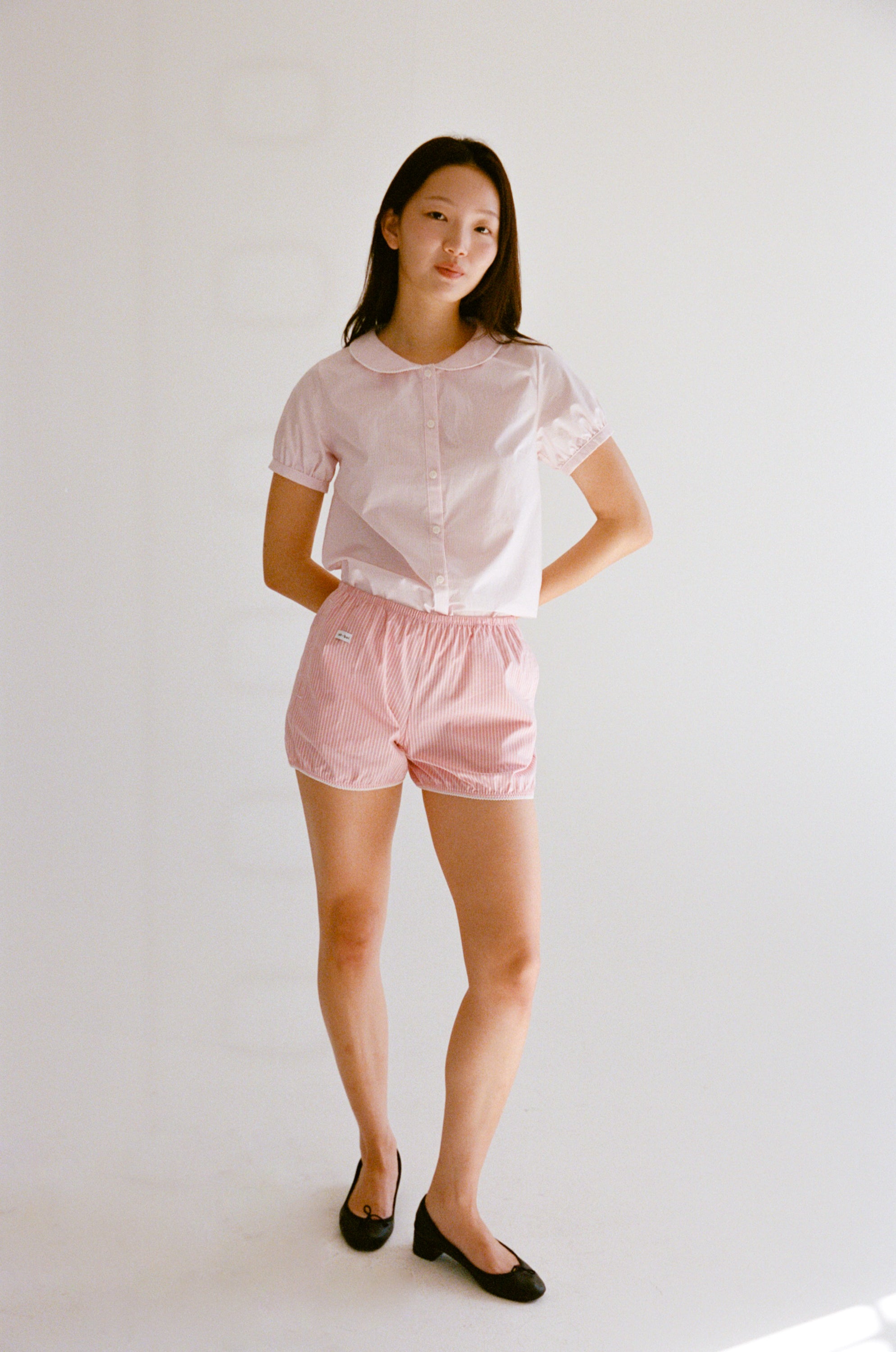 PUFF SLEEVE BUTTON DOWN IN BLUSH STRIPE