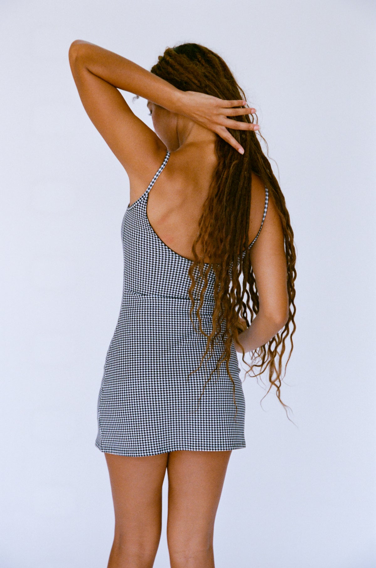 SCOOP BACK CAMI DRESS IN BLACK GINGHAM