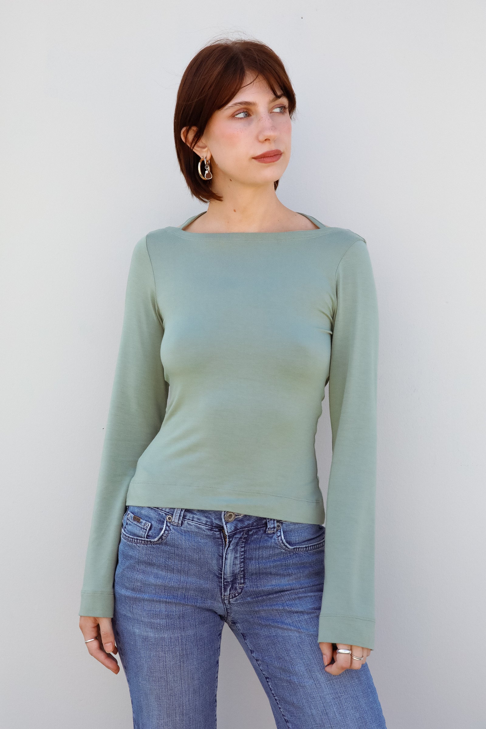 COWL BACK LONG SLEEVE IN SAGE