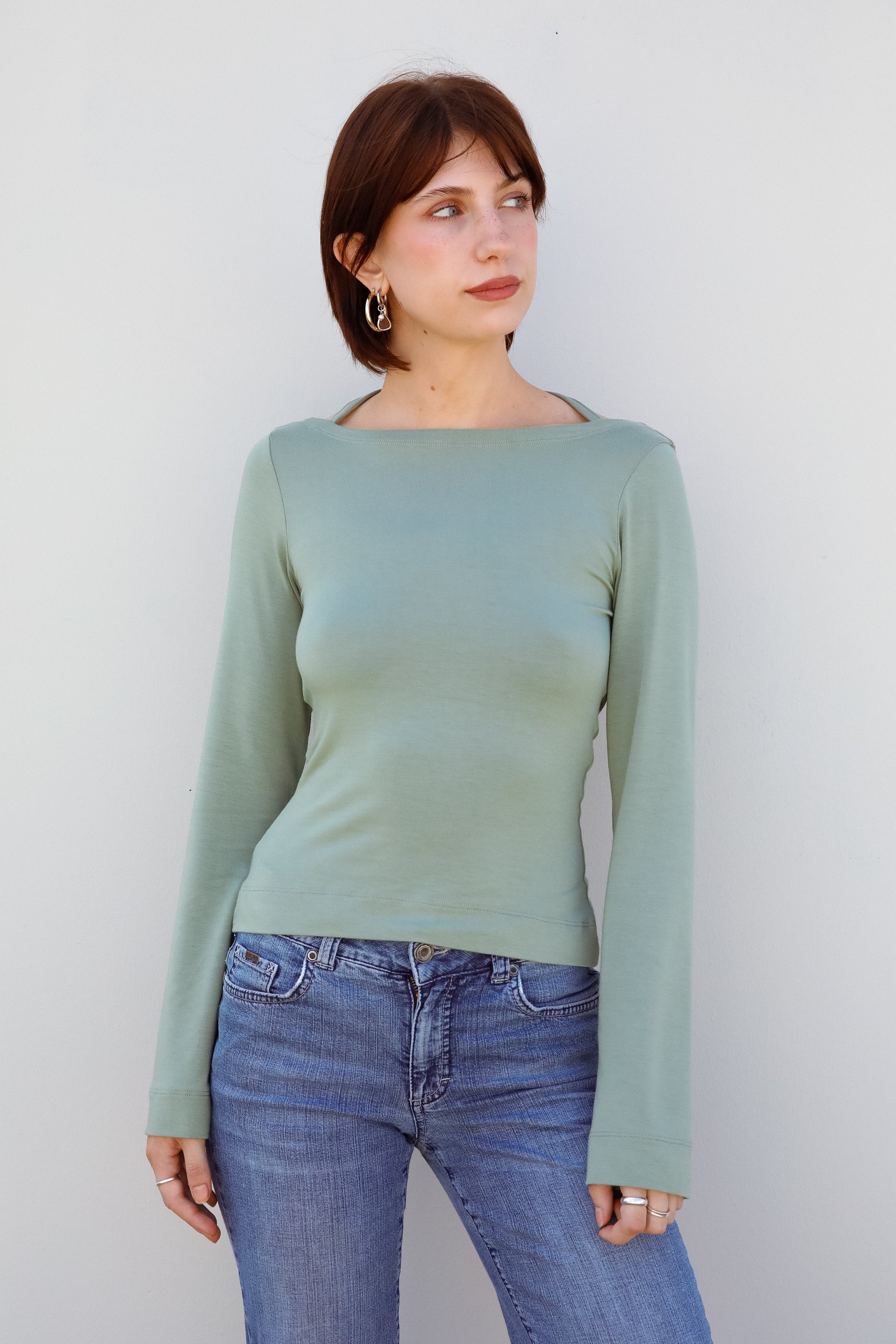 COWL BACK LONG SLEEVE IN SAGE