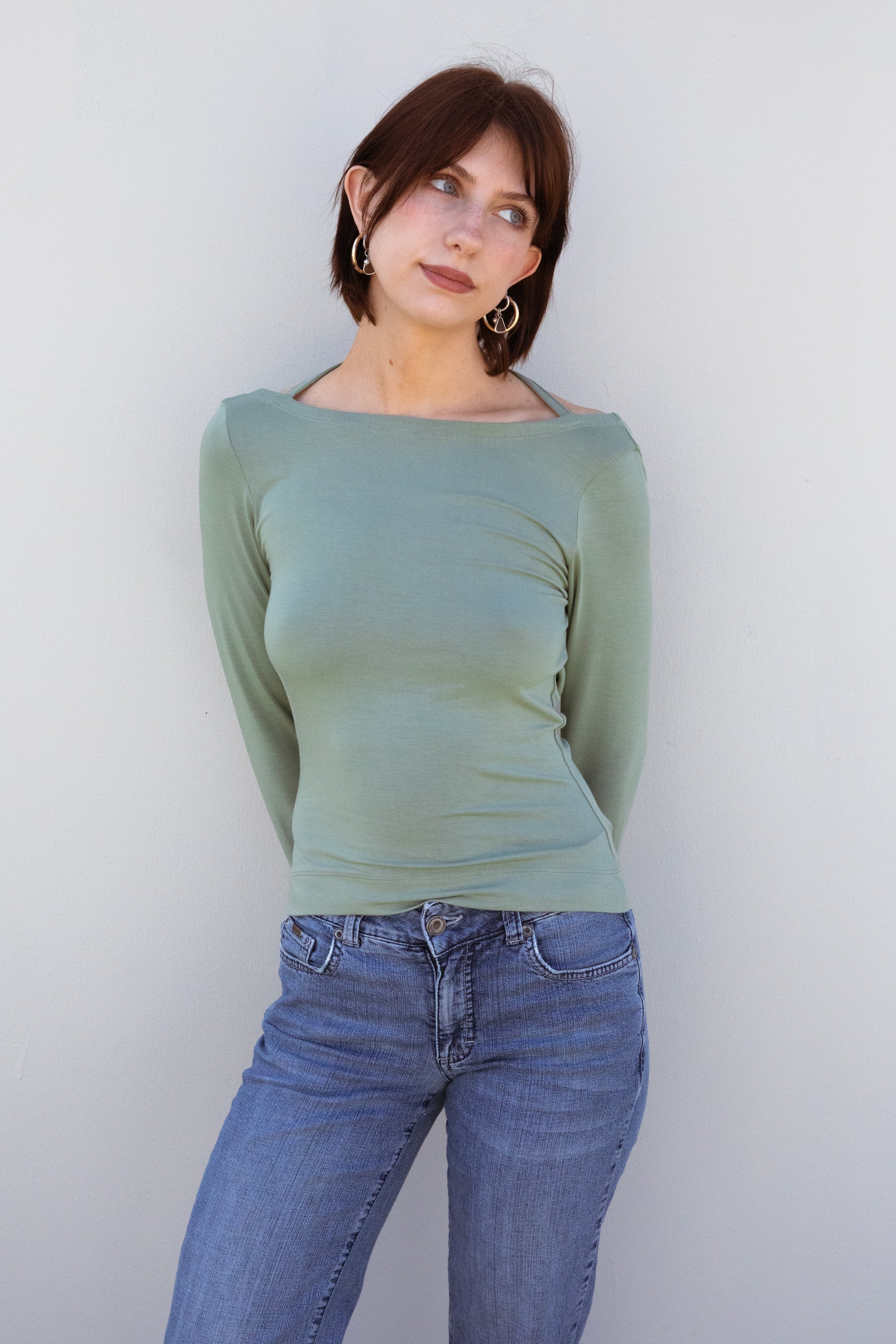 COWL BACK LONG SLEEVE IN SAGE