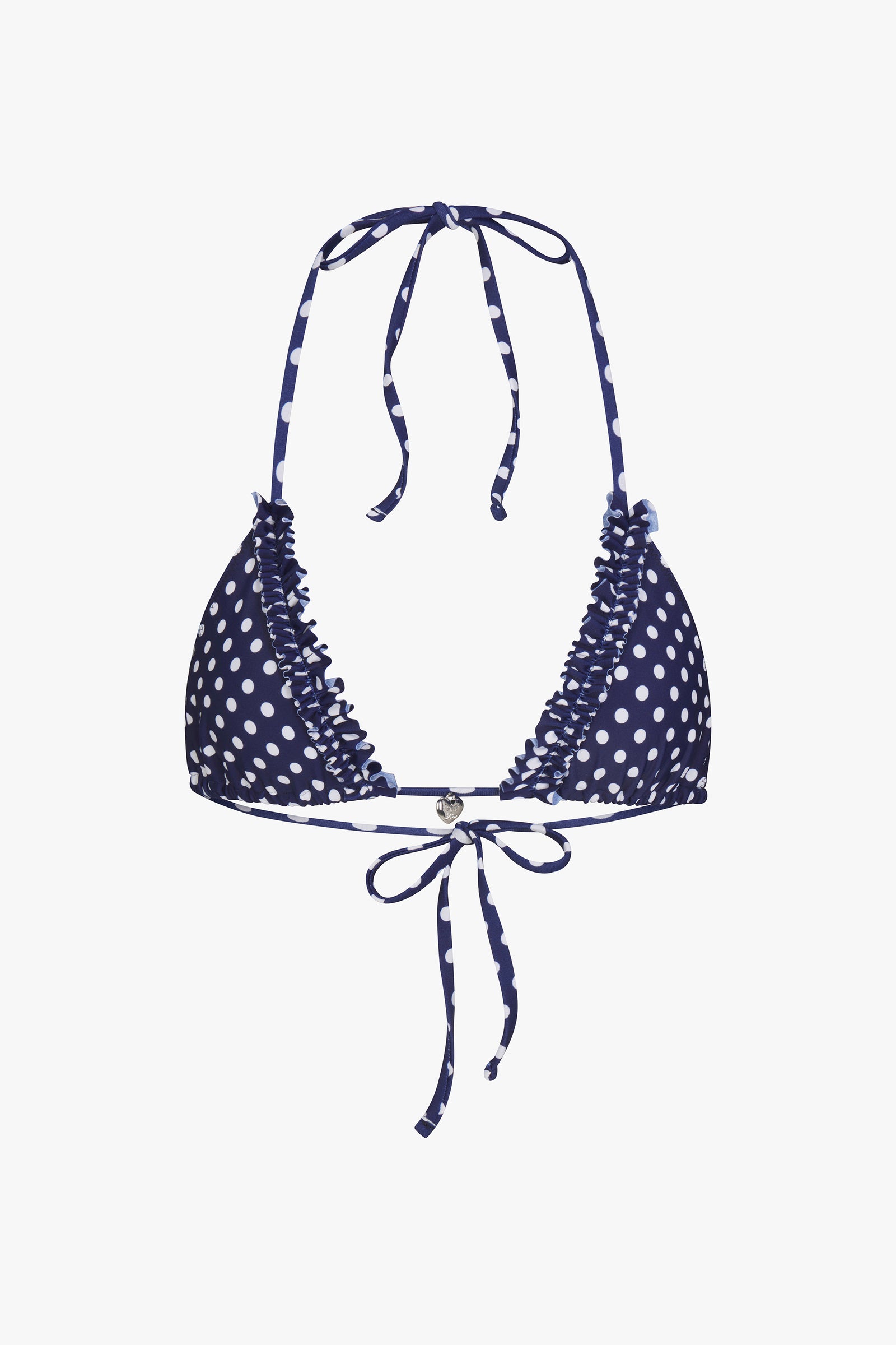 RUFFLE CHARM BIKINI TOP IN NAVY DOT