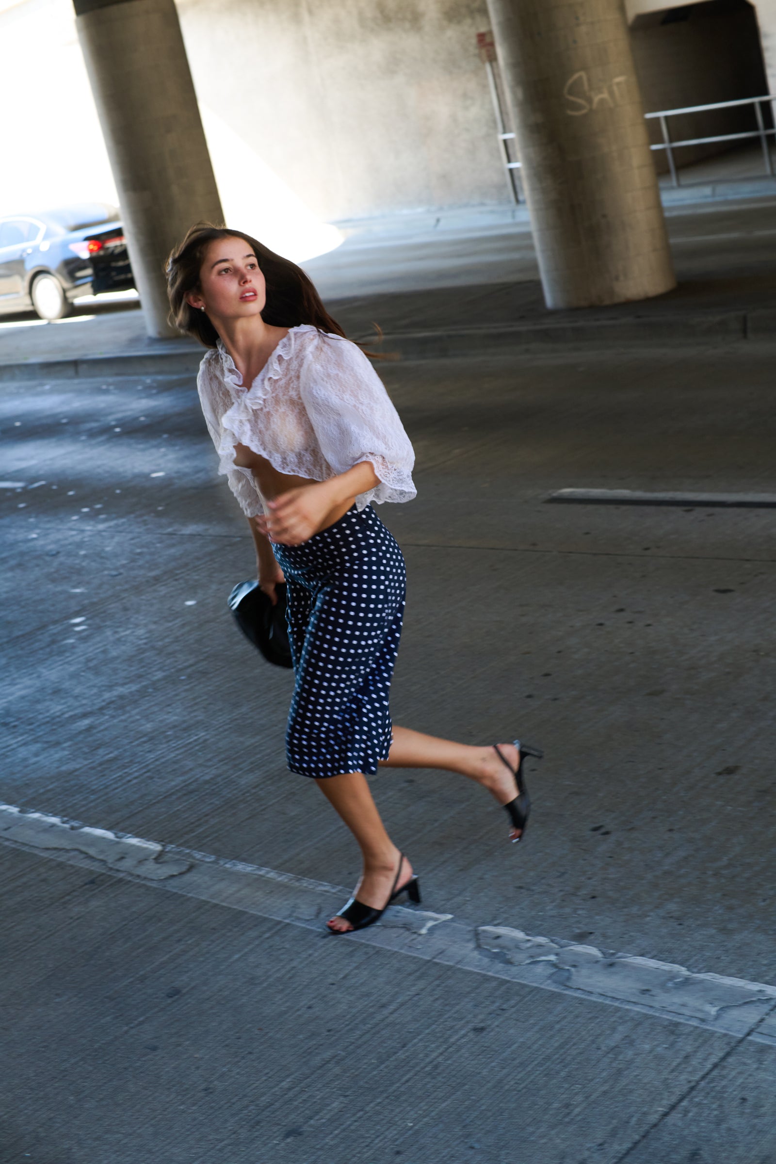 BIAS MIDI SLIP SKIRT IN DOMINO DOT