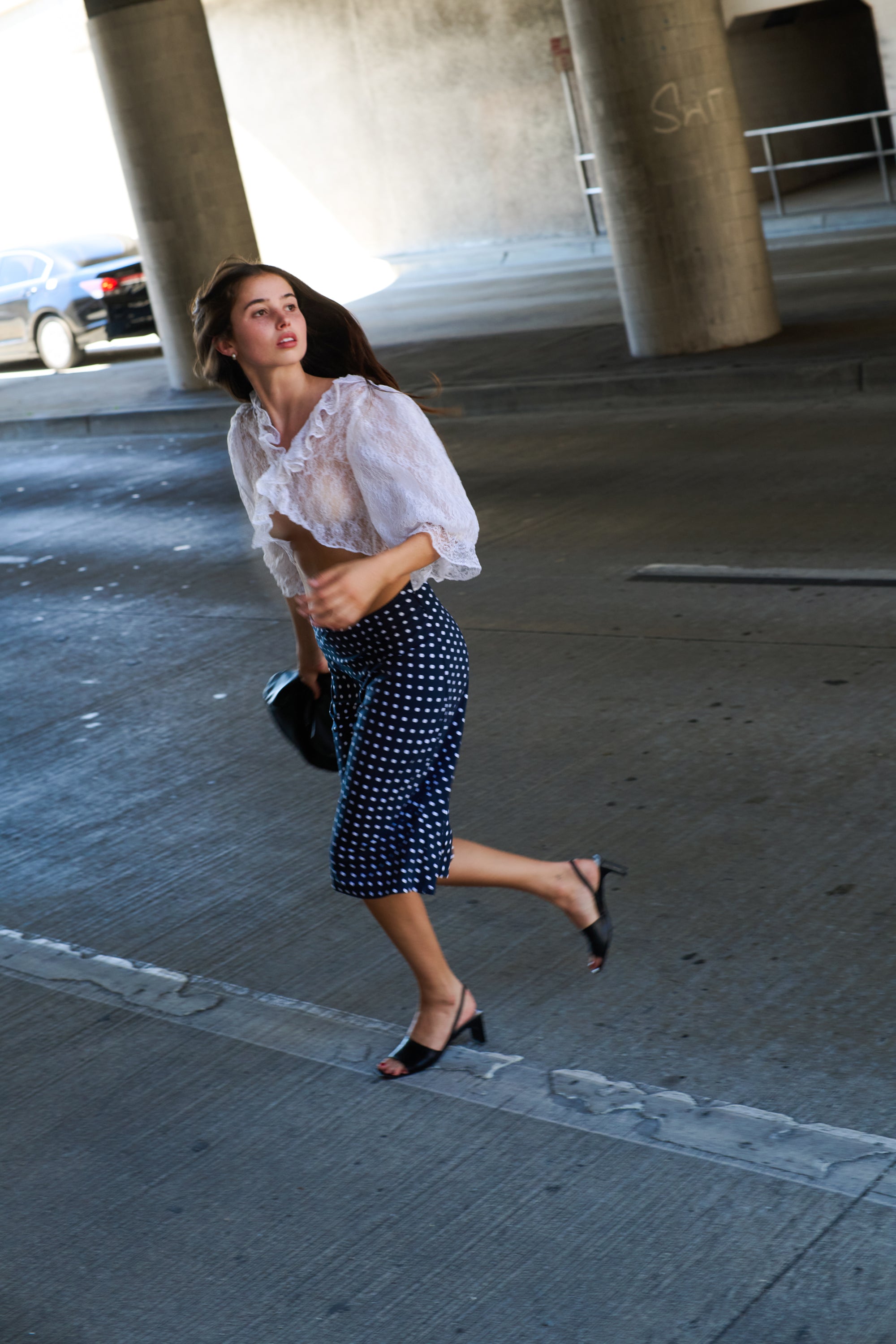 BIAS MIDI SLIP SKIRT IN DOMINO DOT